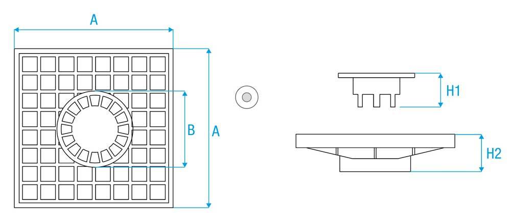 scheme frame and drain cover with central siphon