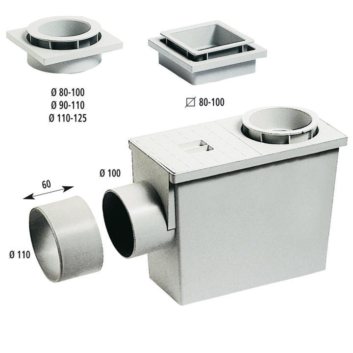 Rain trap with side exit - entry downpipe square 80-100 mm Rain trap with side exit - entry downpipe square 80-100 mm