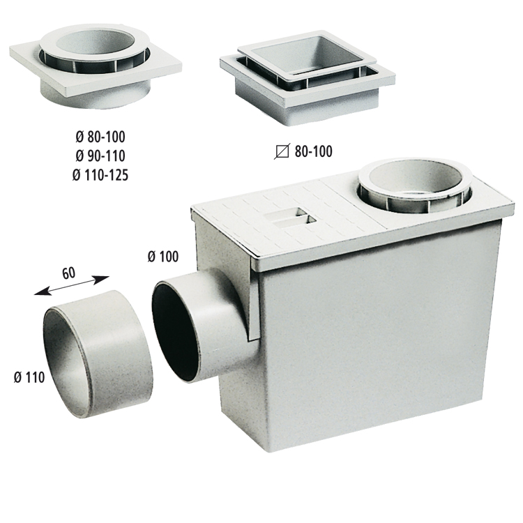 Rain trap with side exit - entry downpipe square 80-100 mm Rain trap with side exit - entry downpipe square 80-100 mm