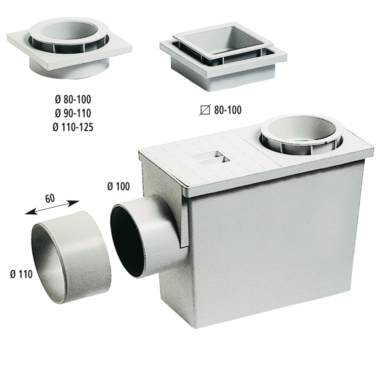 Rain trap with side exit - entry downpipe square 80-100 mm